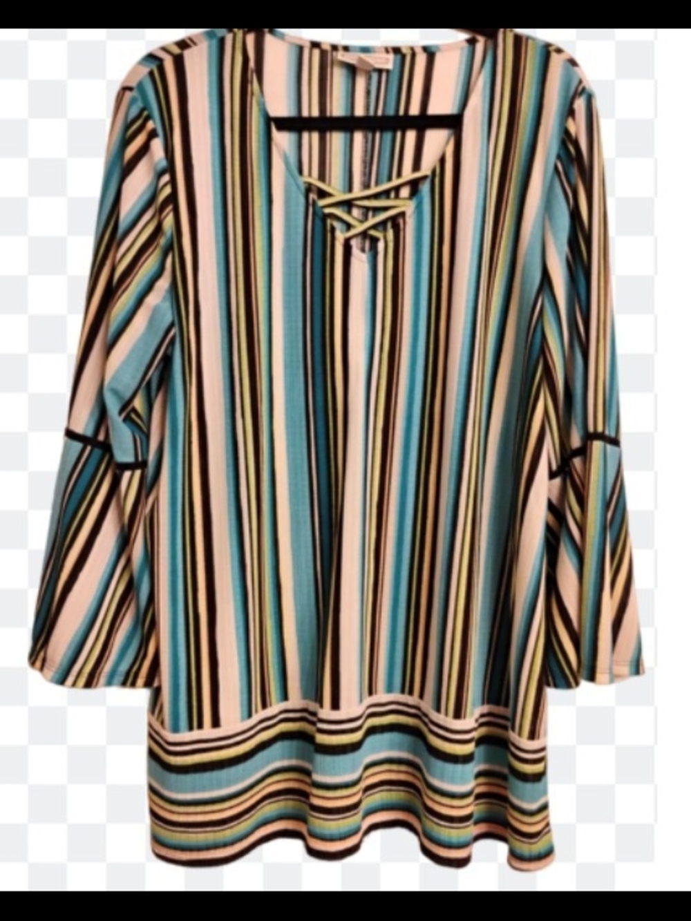 Dana Buchman Striped Lace-Up V-Neck Tunic in Teal, Black and Cream